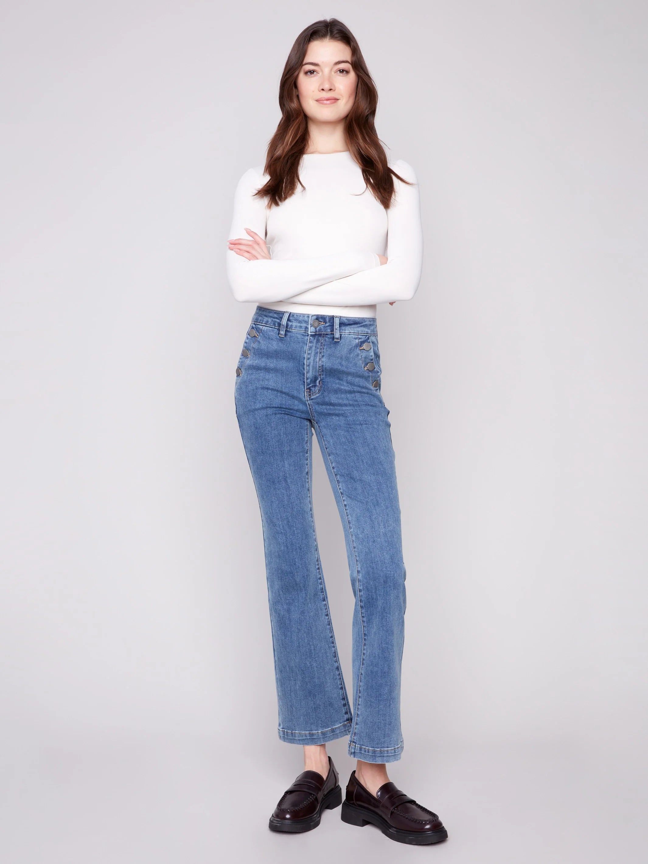Flare Leg Stretch Jeans With Buttons - Medium Blue