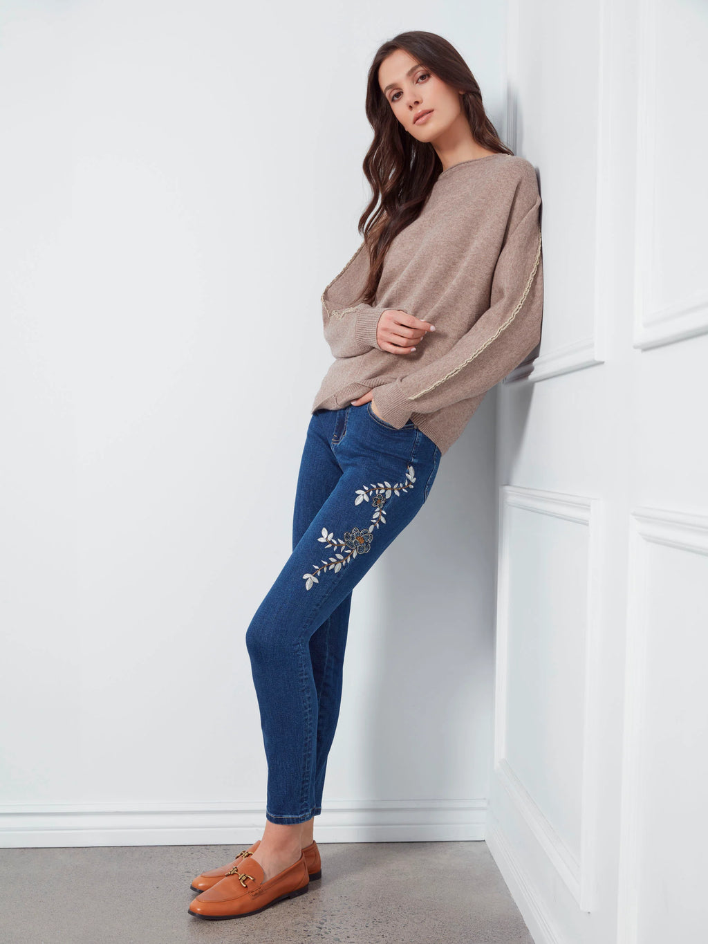 Beaded Embroidered Skinny Jeans - Indigo