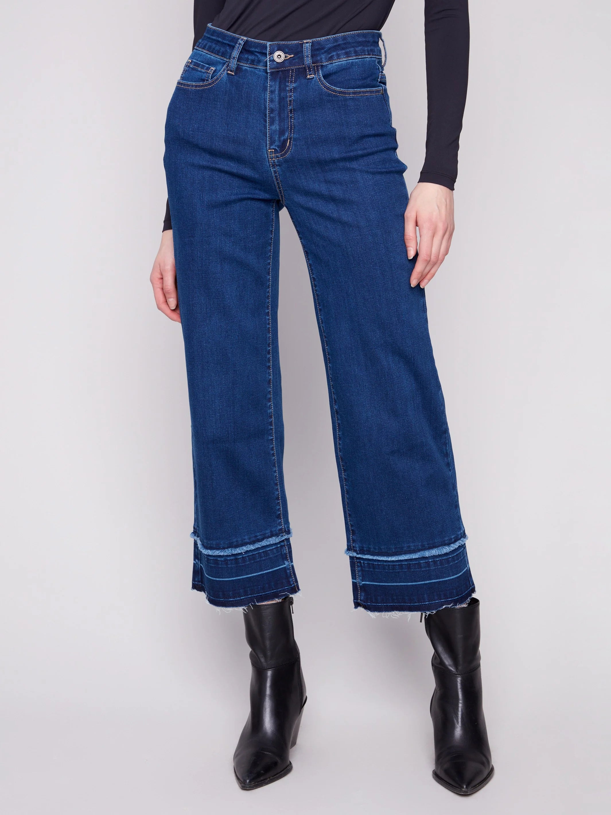 Flare Leg Jeans With Fringed Hem - Indigo