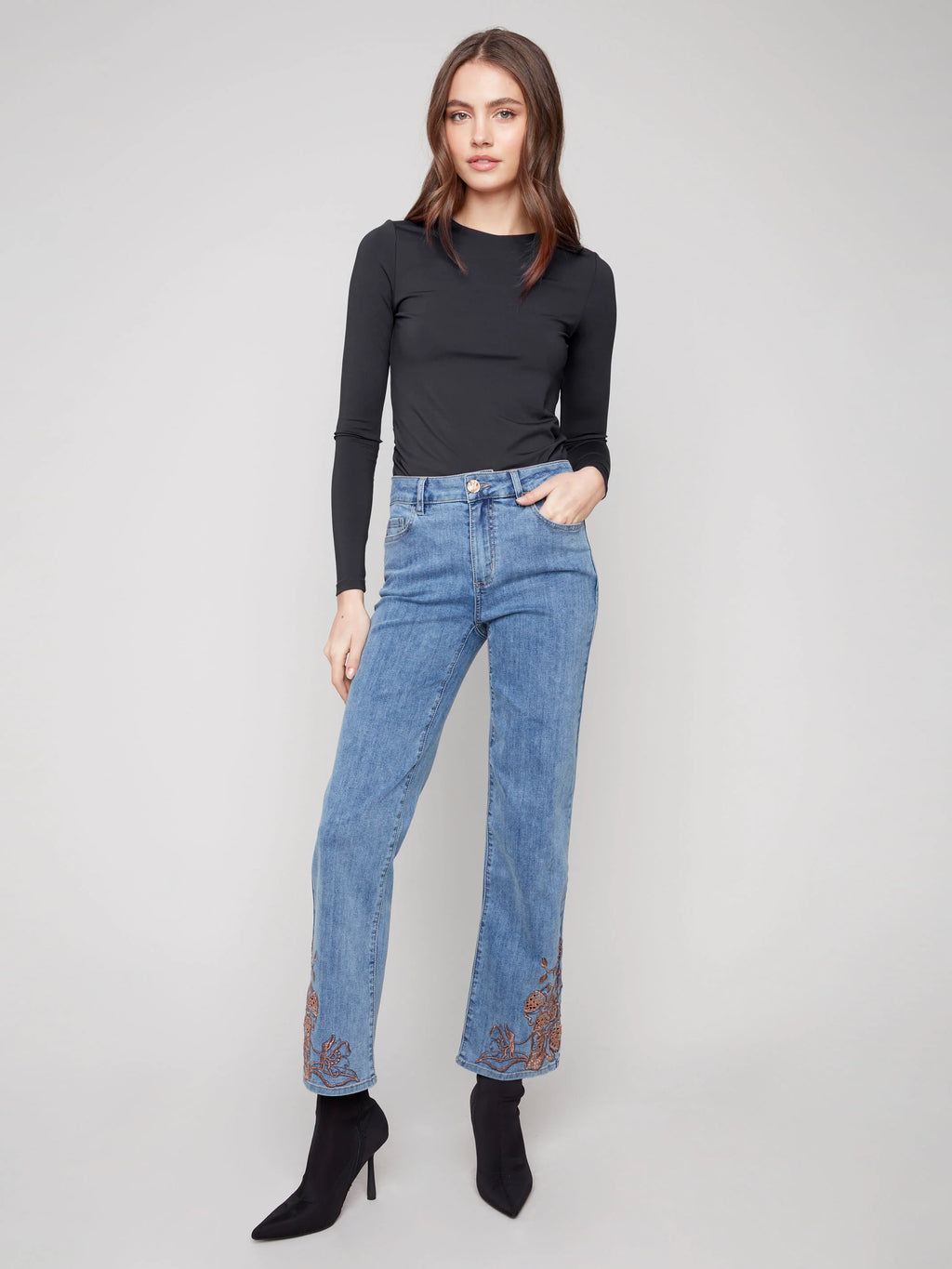 Straight Leg Jeans With Lace Embroidery - Medium Blue