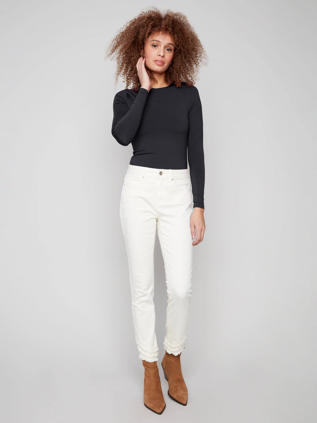 Frayed Hem Twill Pants - Natural
