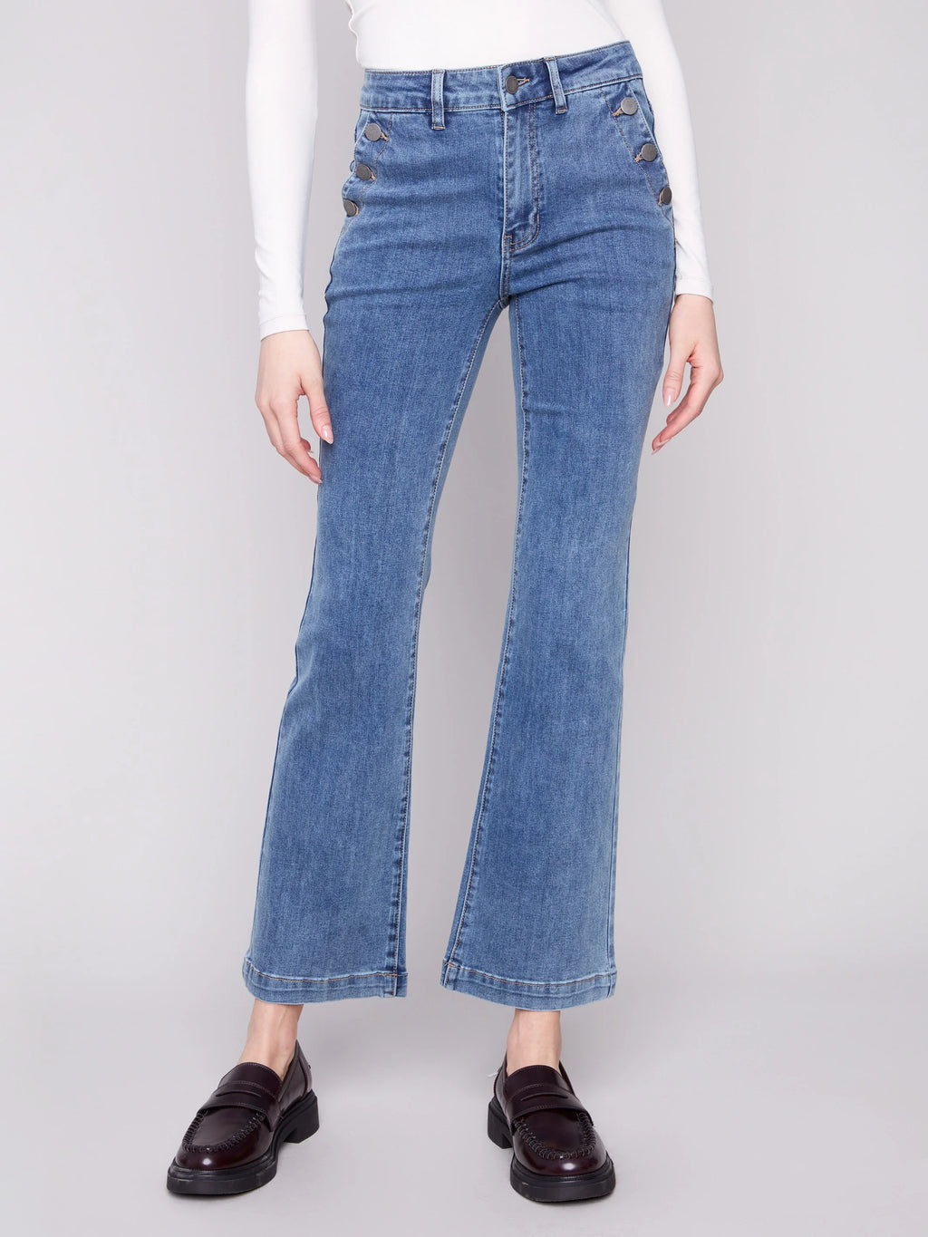 Flare Leg Stretch Jeans With Buttons - Medium Blue