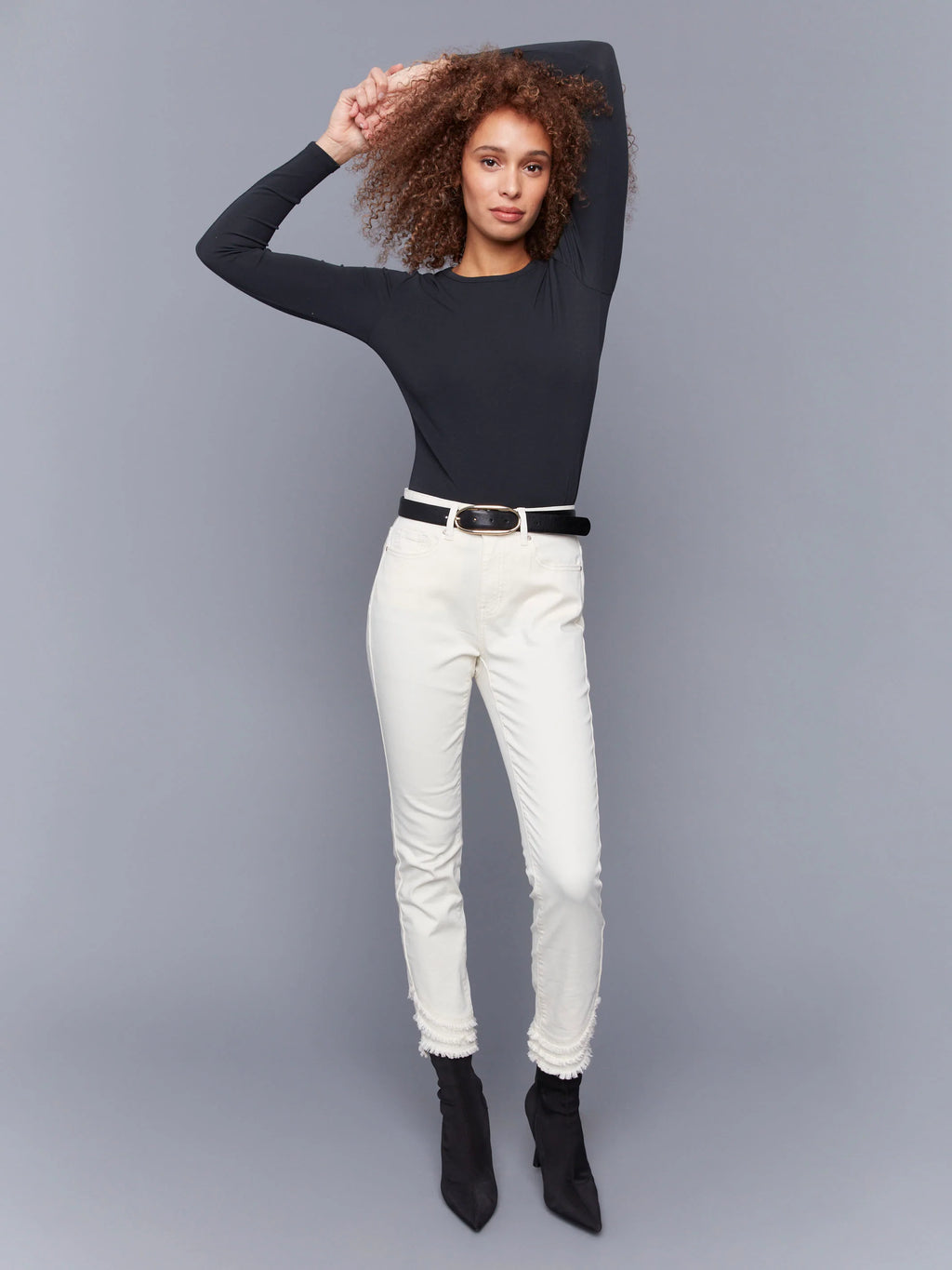 Frayed Hem Twill Pants - Natural