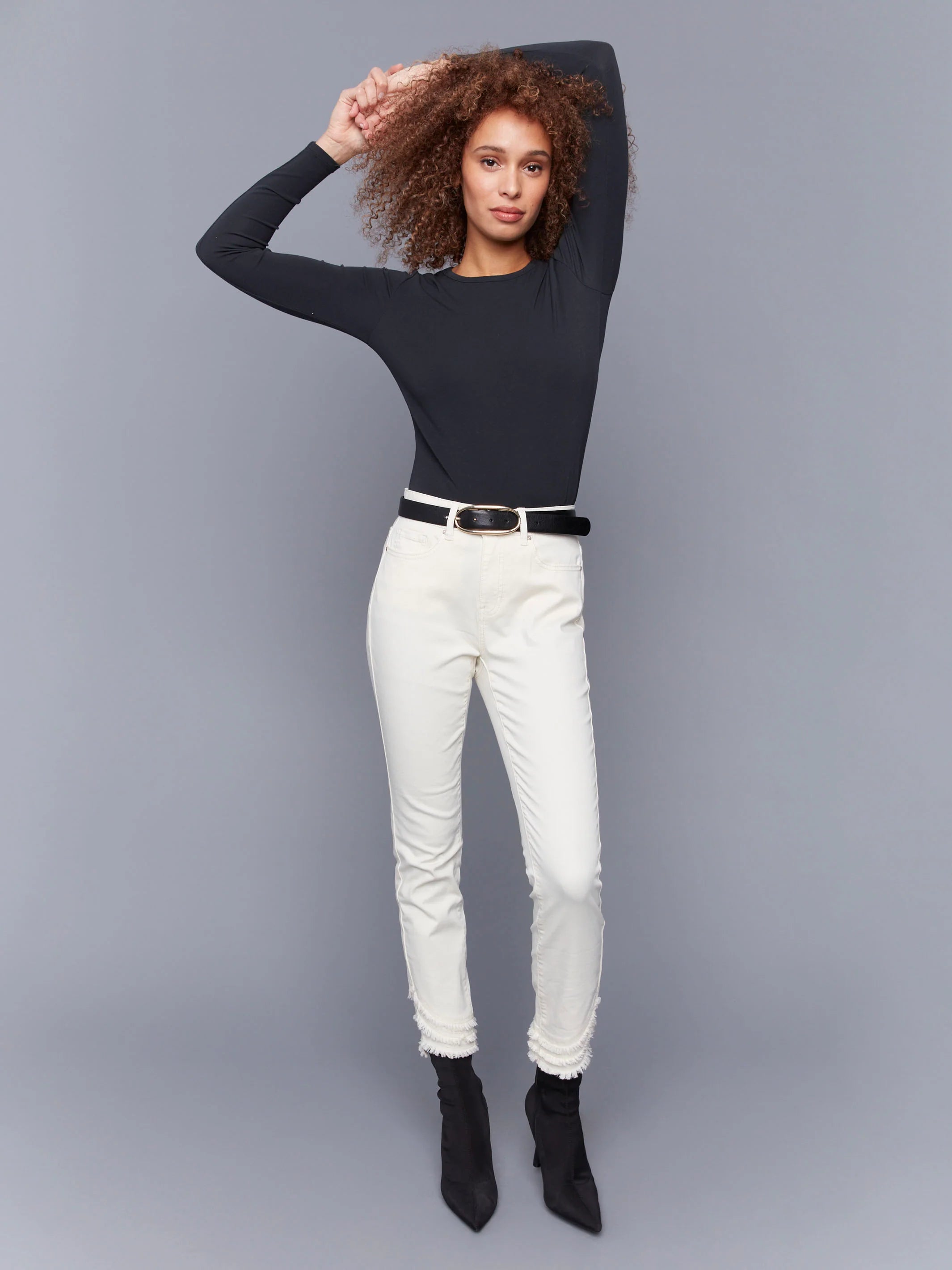 Frayed Hem Twill Pants - Natural