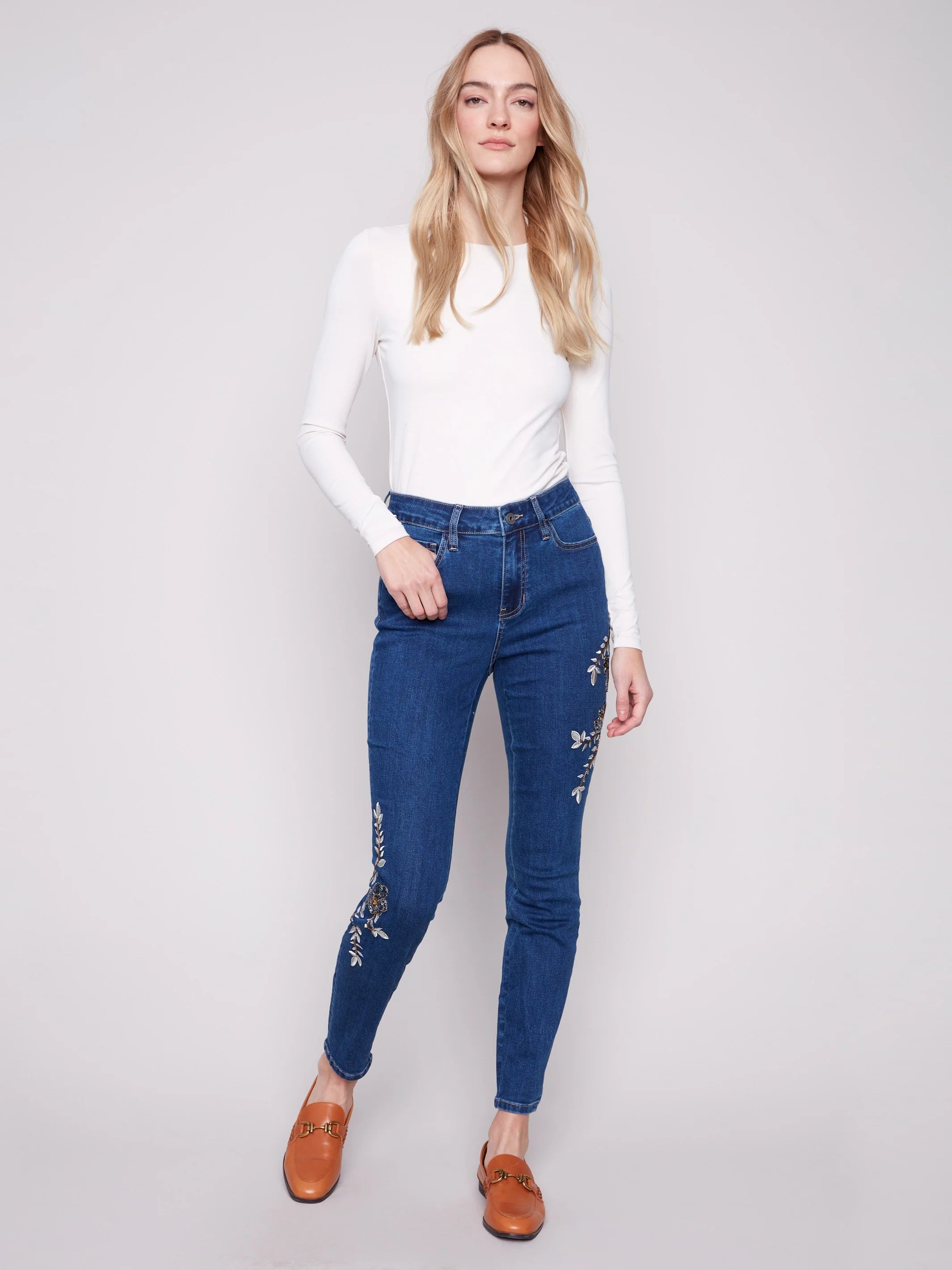 Beaded Embroidered Skinny Jeans - Indigo
