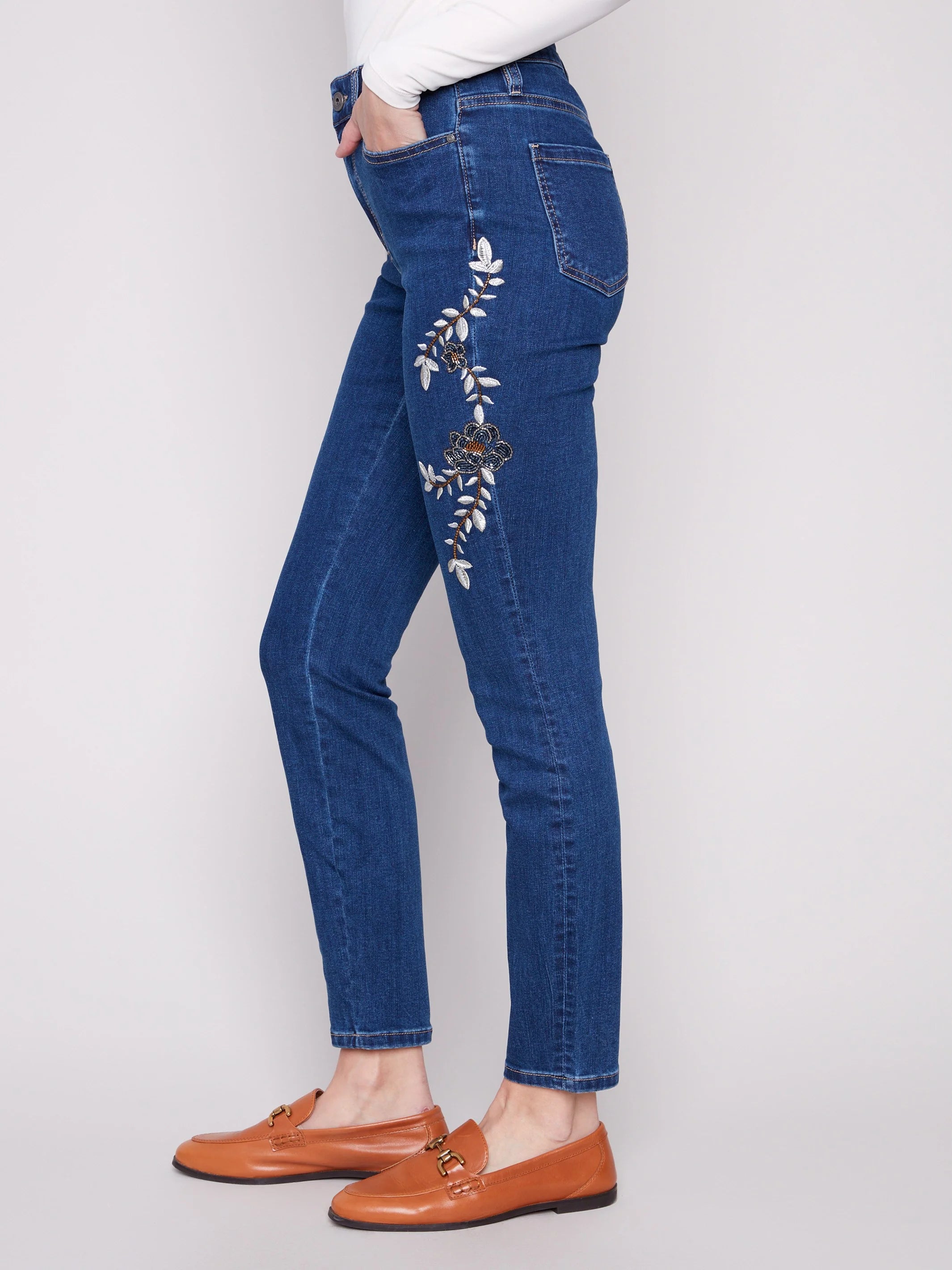 Beaded Embroidered Skinny Jeans - Indigo
