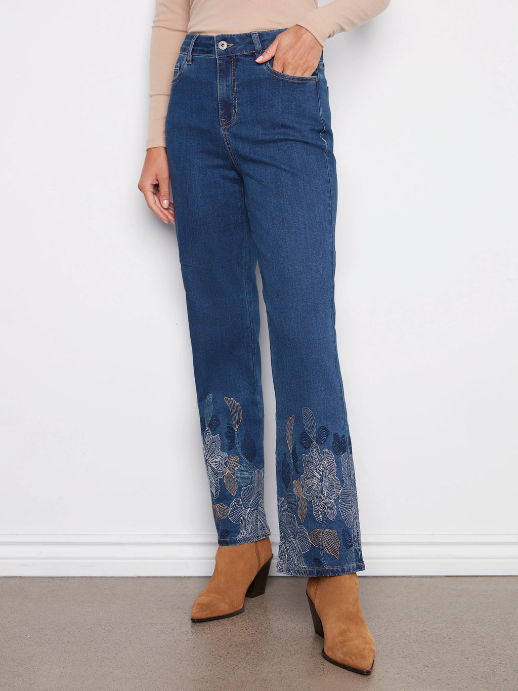 Straight Leg Metallic Embroidered Jeans - Indigo