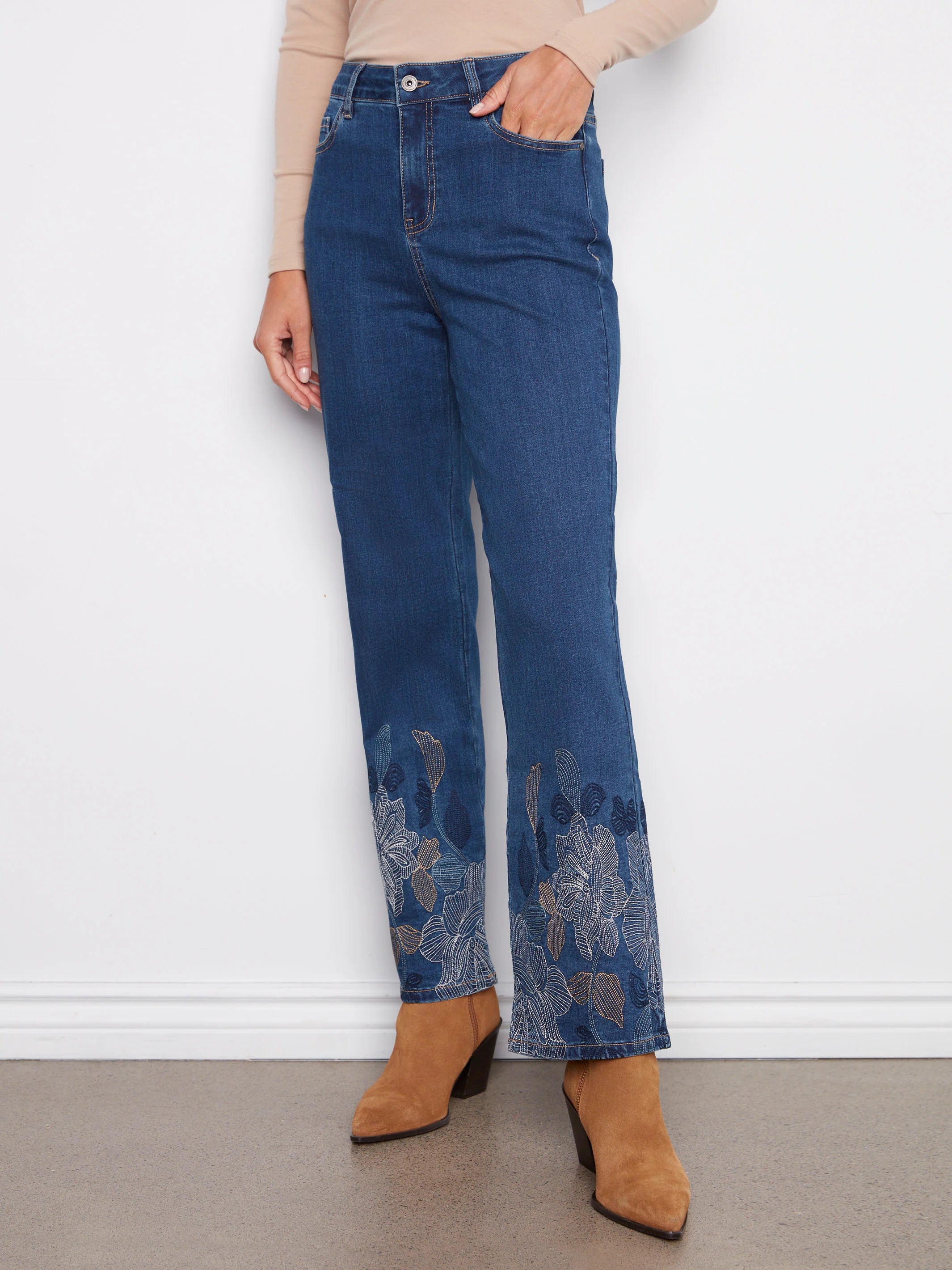 Straight Leg Metallic Embroidered Jeans - Indigo