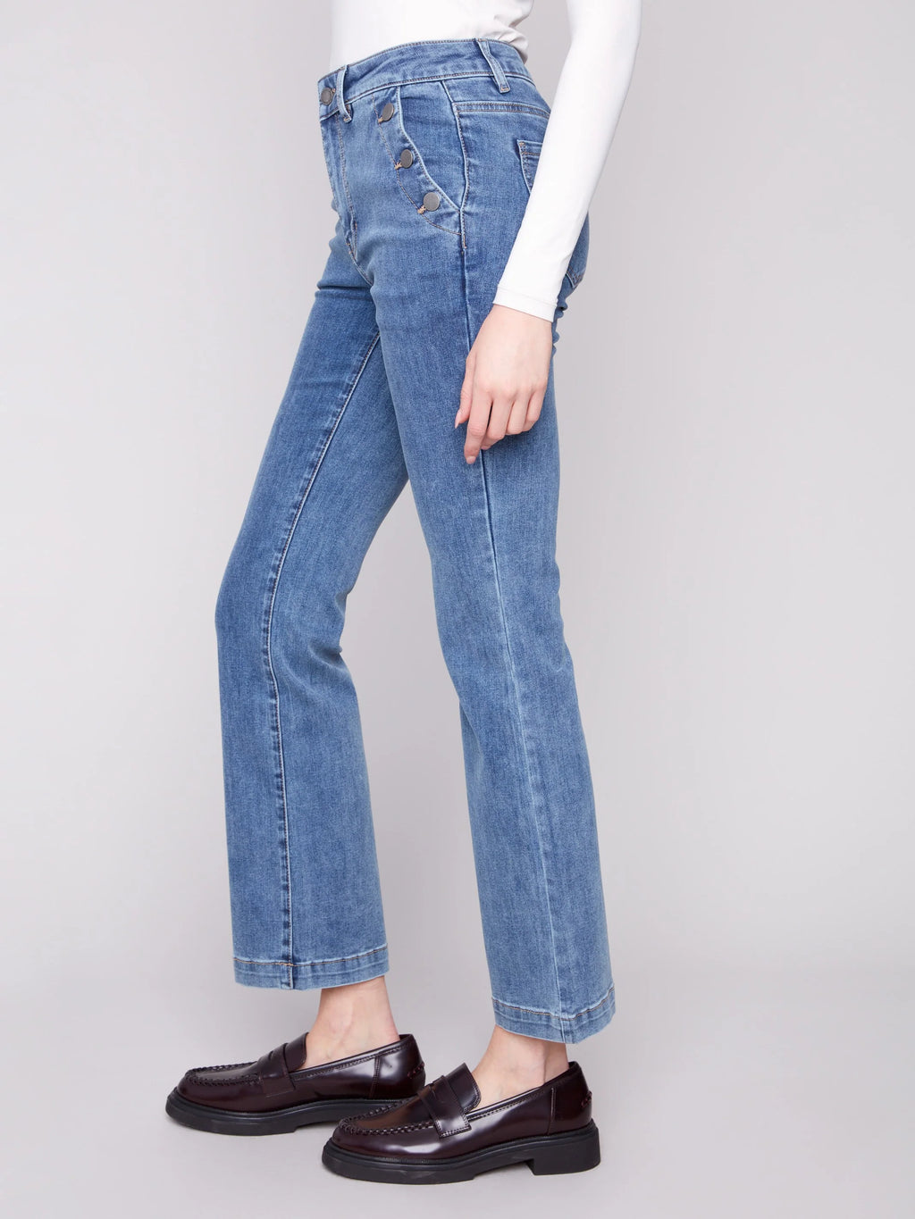 Flare Leg Stretch Jeans With Buttons - Medium Blue