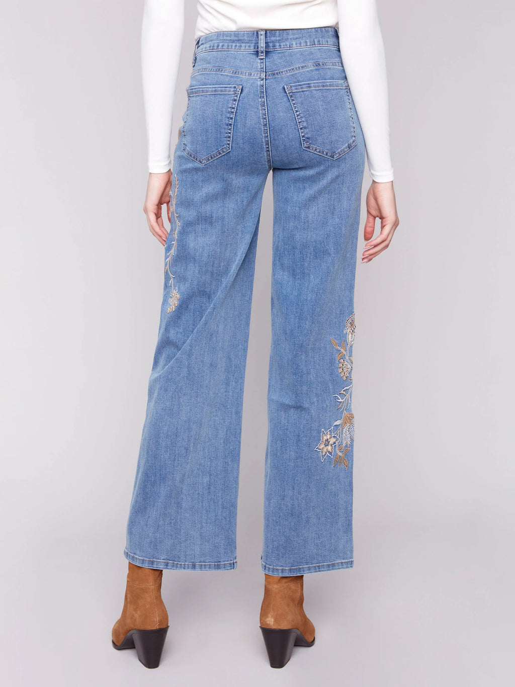 Embroidered Wide Leg Jeans With Flowers - Medium Blue