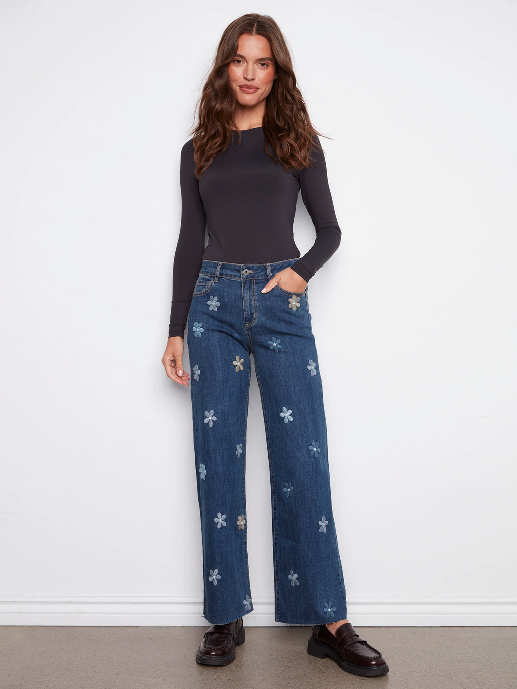 Wide Leg Jeans With Flower Patches - Indigo