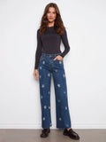 Wide Leg Jeans With Flower Patches - Indigo