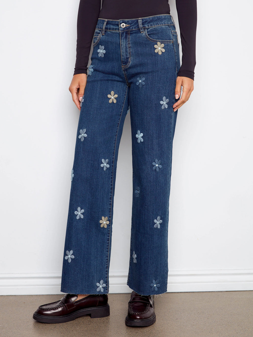 Wide Leg Jeans With Flower Patches - Indigo