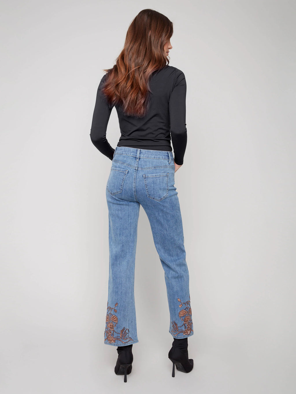 Straight Leg Jeans With Lace Embroidery - Medium Blue
