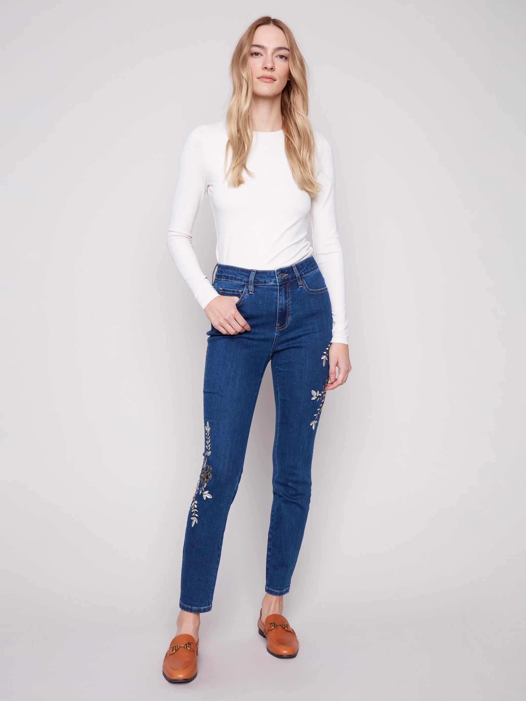 Beaded Embroidered Skinny Jeans - Indigo