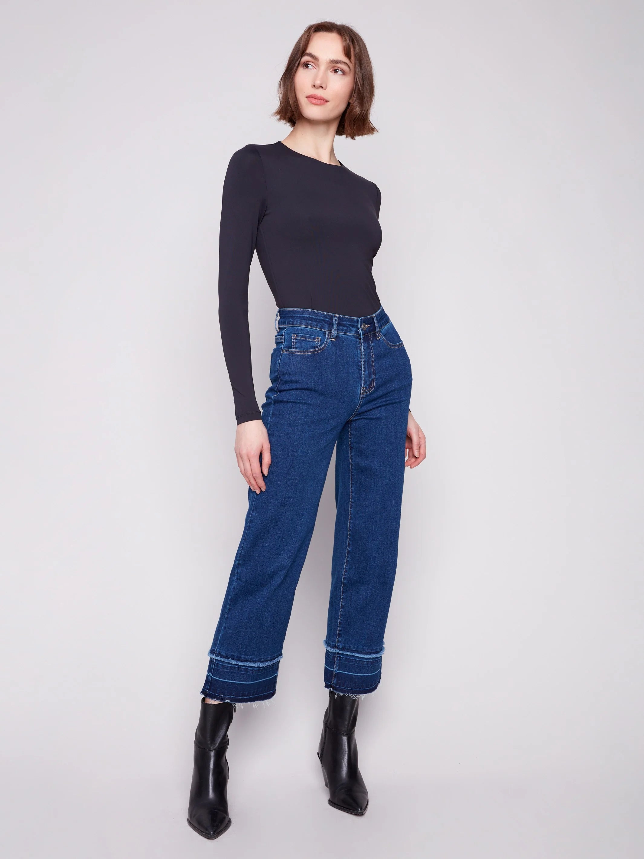Flare Leg Jeans With Fringed Hem - Indigo