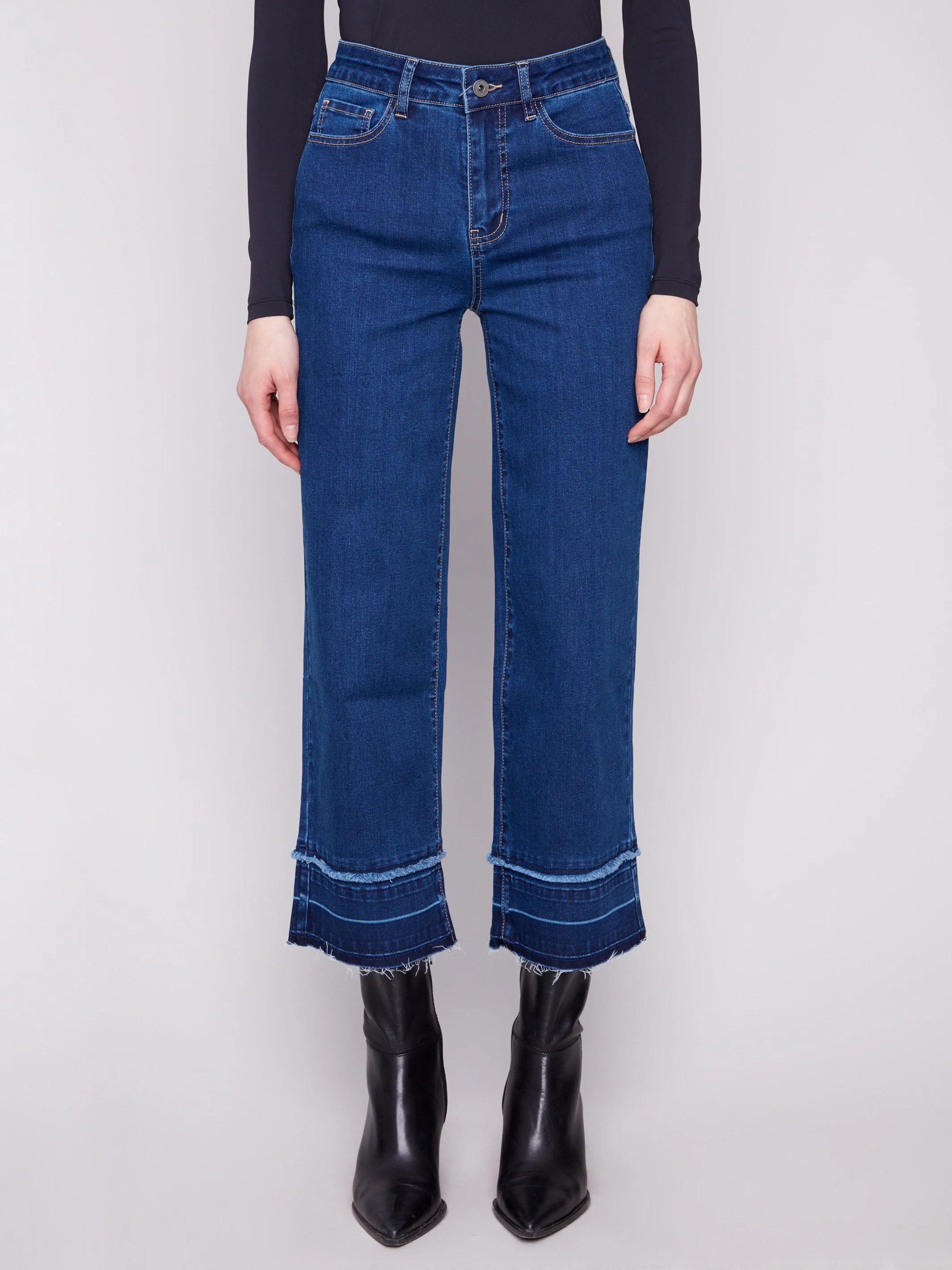 Flare Leg Jeans With Fringed Hem - Indigo