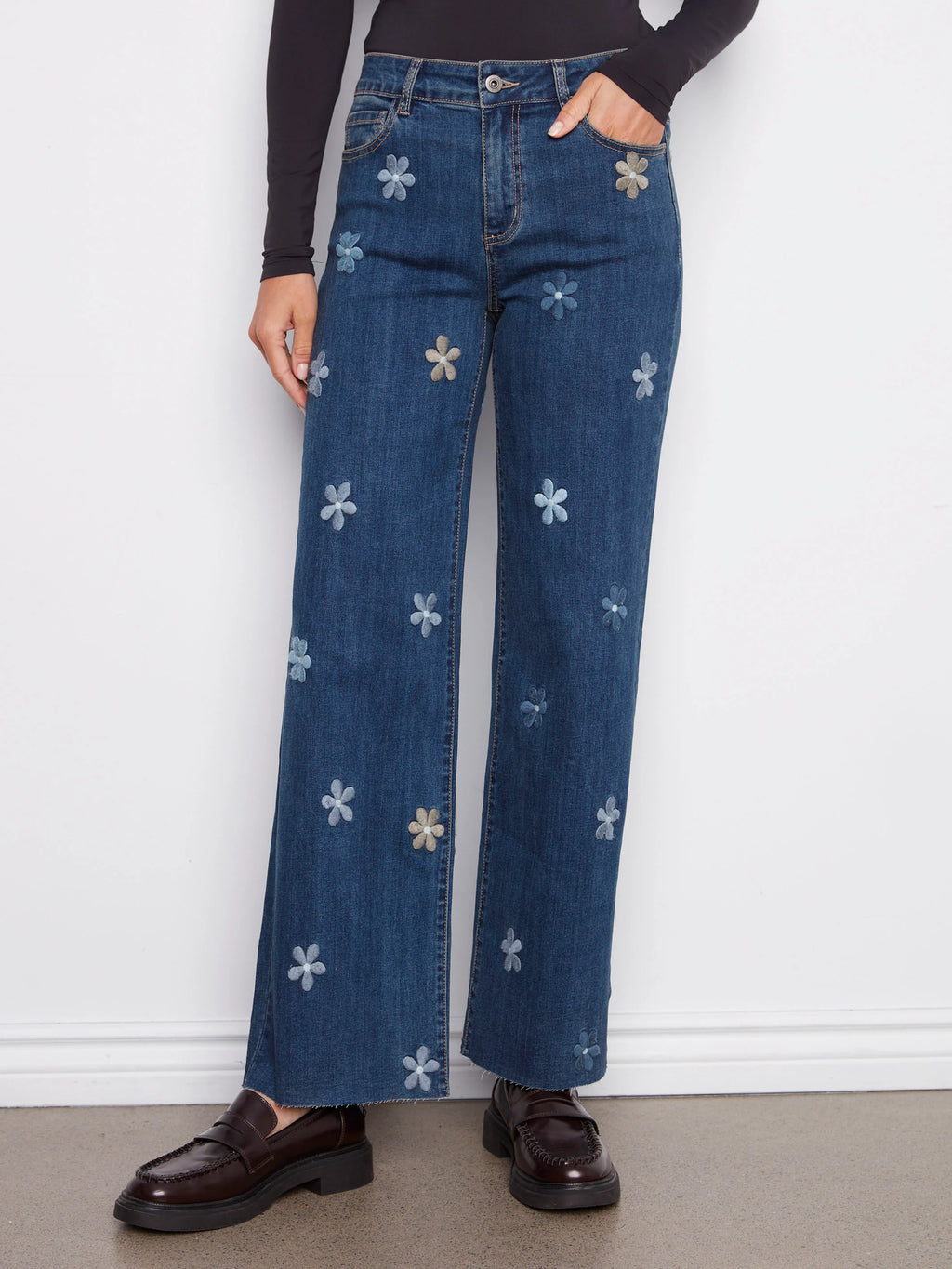Wide Leg Jeans With Flower Patches - Indigo
