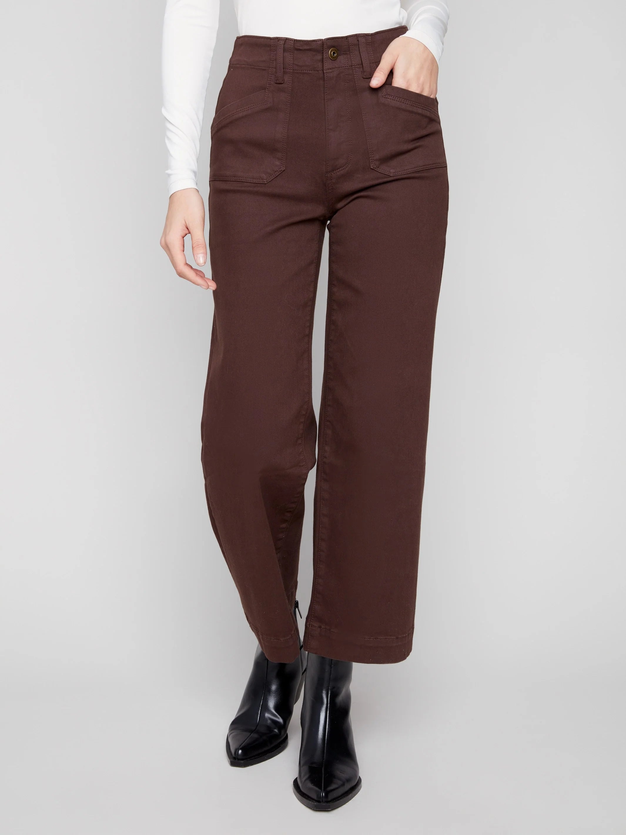 Cropped Wide Leg Stretch Twill Pants - Mocha
