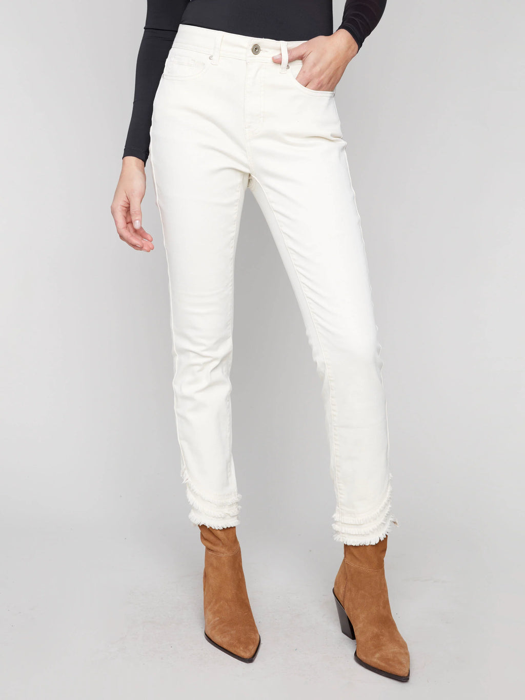 Frayed Hem Twill Pants - Natural