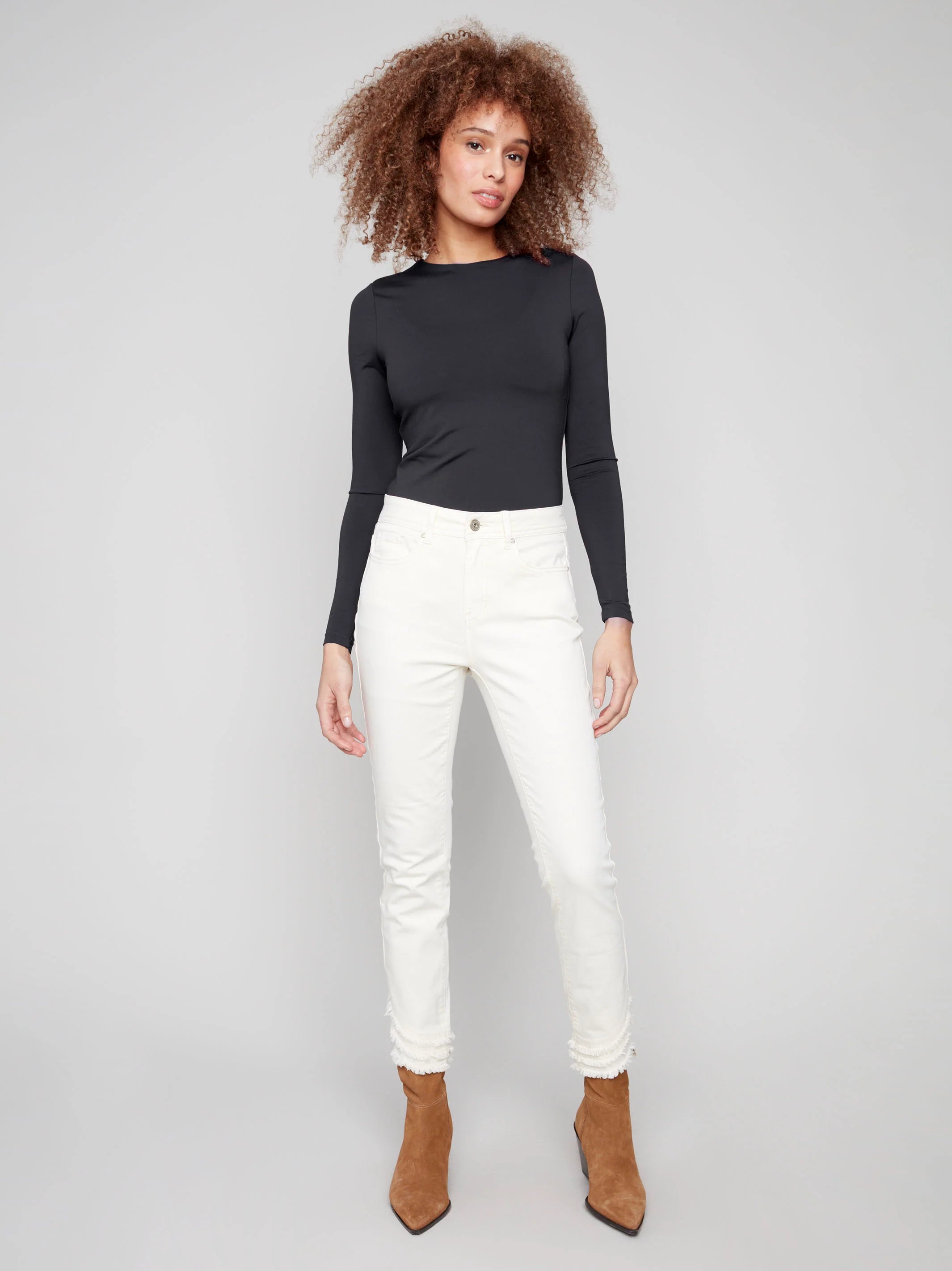 Frayed Hem Twill Pants - Natural