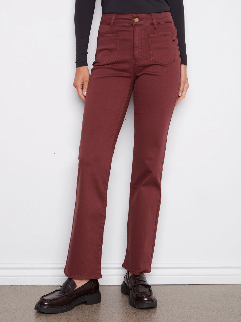 Patch Pocket Flare Twill Pants With Rivets - Cabernet