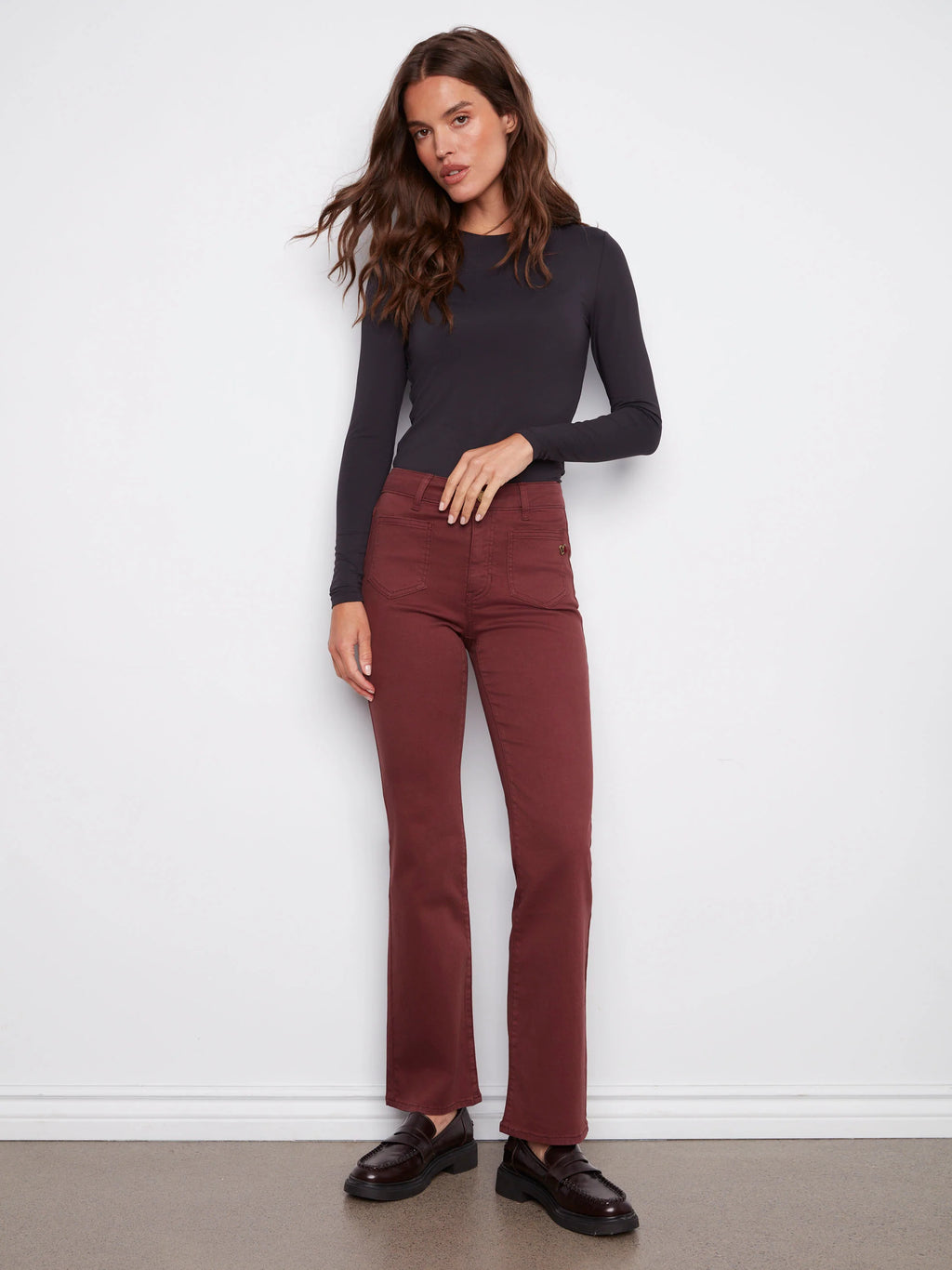Patch Pocket Flare Twill Pants With Rivets - Cabernet