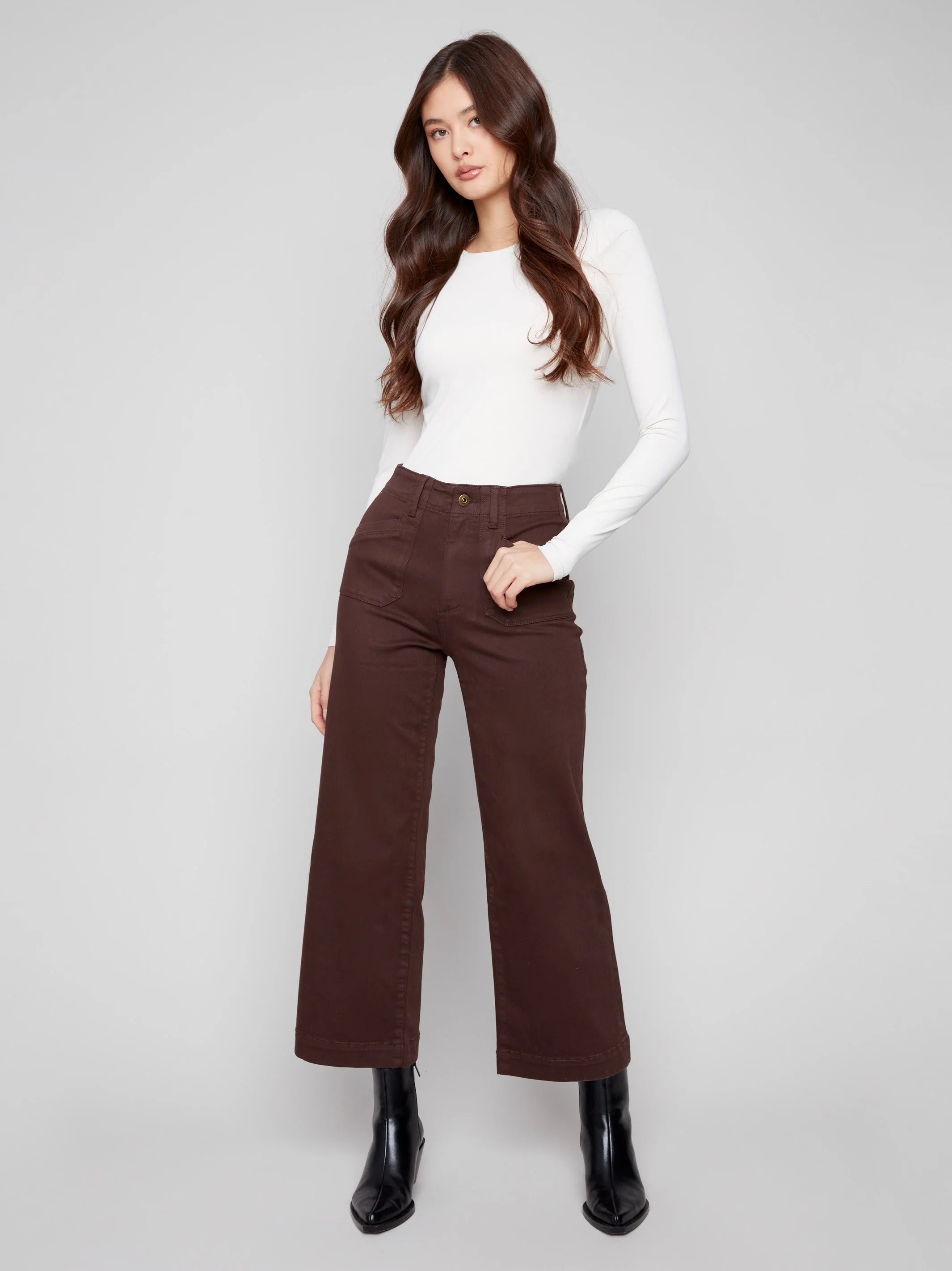 Cropped Wide Leg Stretch Twill Pants - Mocha