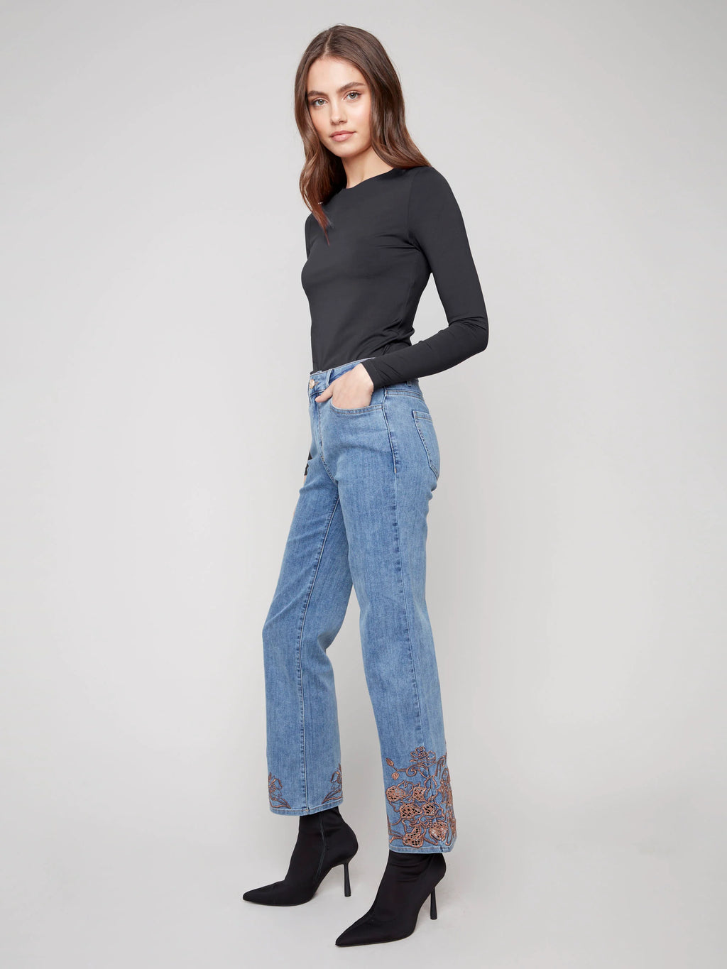 Straight Leg Jeans With Lace Embroidery - Medium Blue