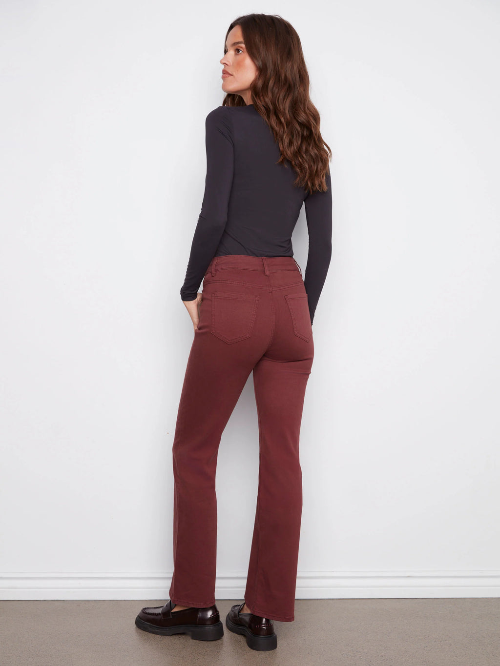 Patch Pocket Flare Twill Pants With Rivets - Cabernet