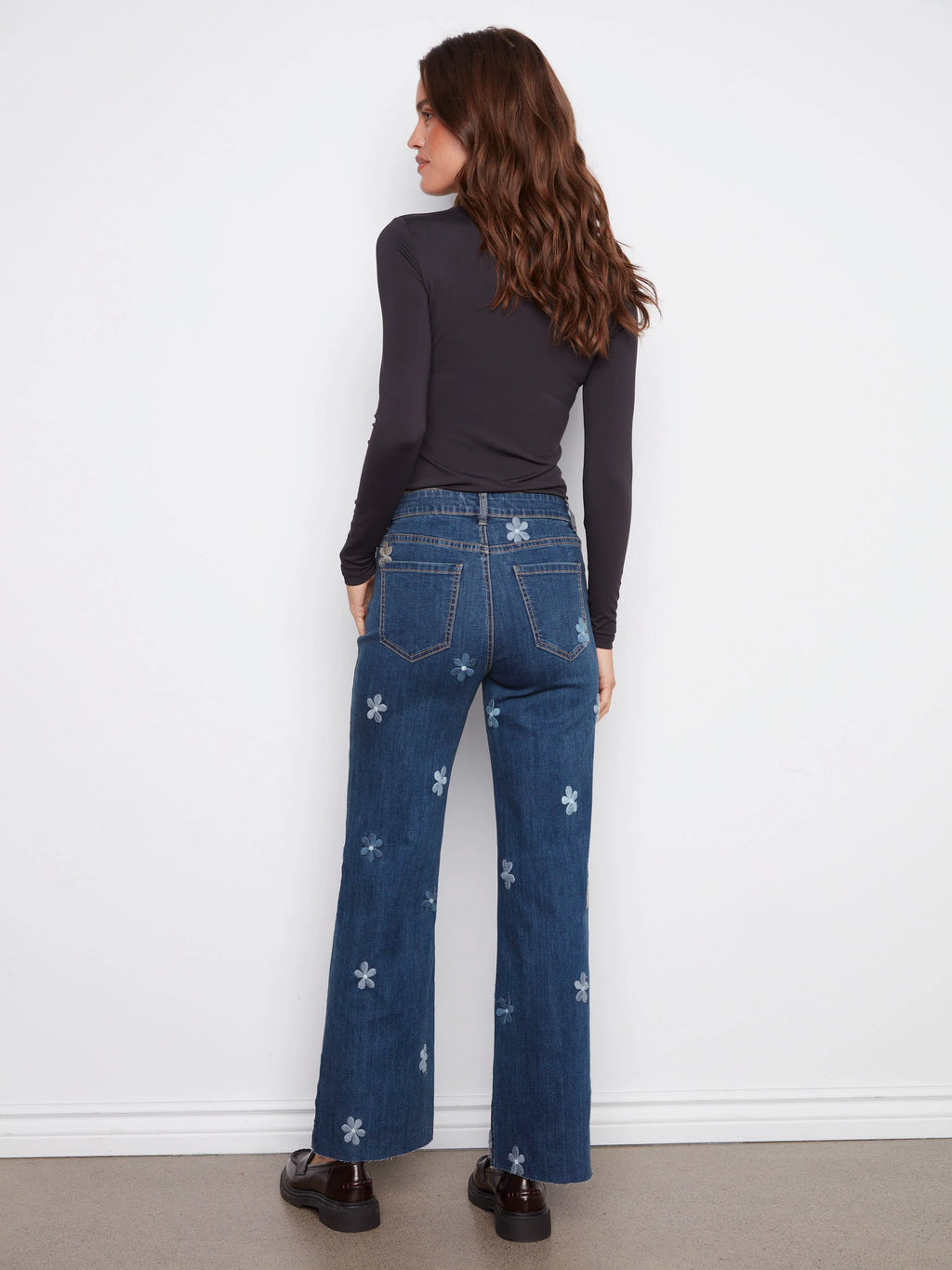Wide Leg Jeans With Flower Patches - Indigo
