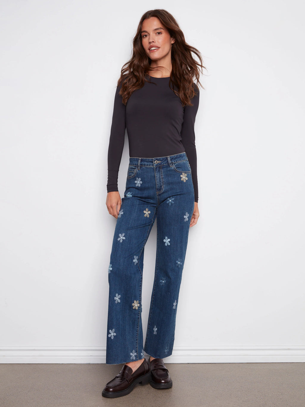 Wide Leg Jeans With Flower Patches - Indigo
