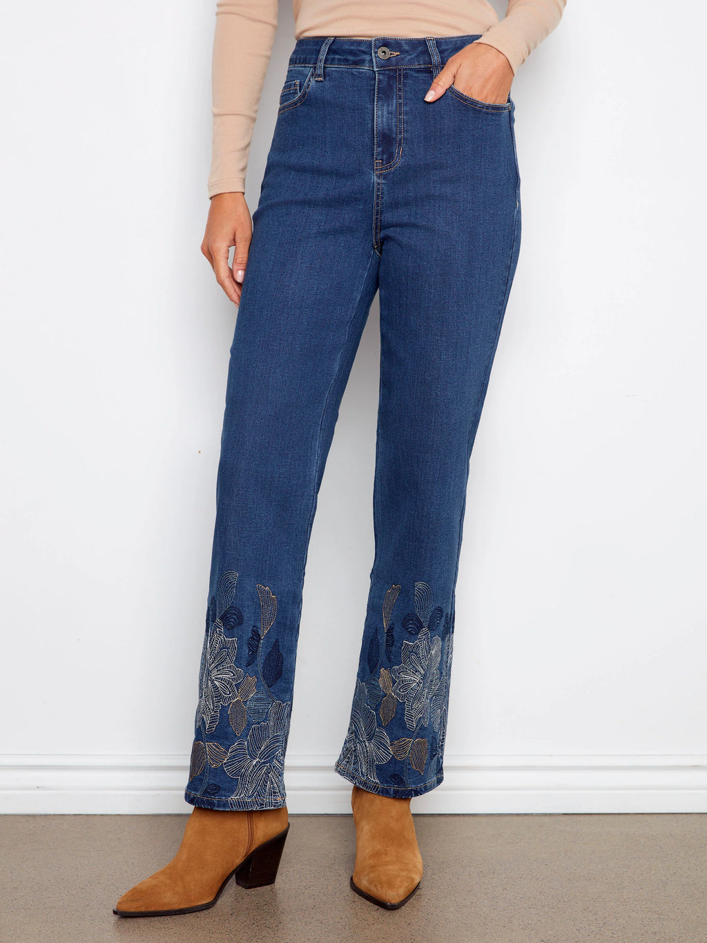 Straight Leg Metallic Embroidered Jeans - Indigo