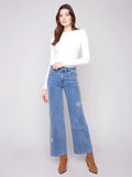 Embroidered Wide Leg Jeans With Flowers - Medium Blue
