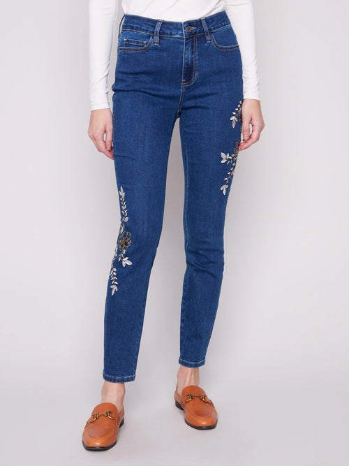 Beaded Embroidered Skinny Jeans - Indigo