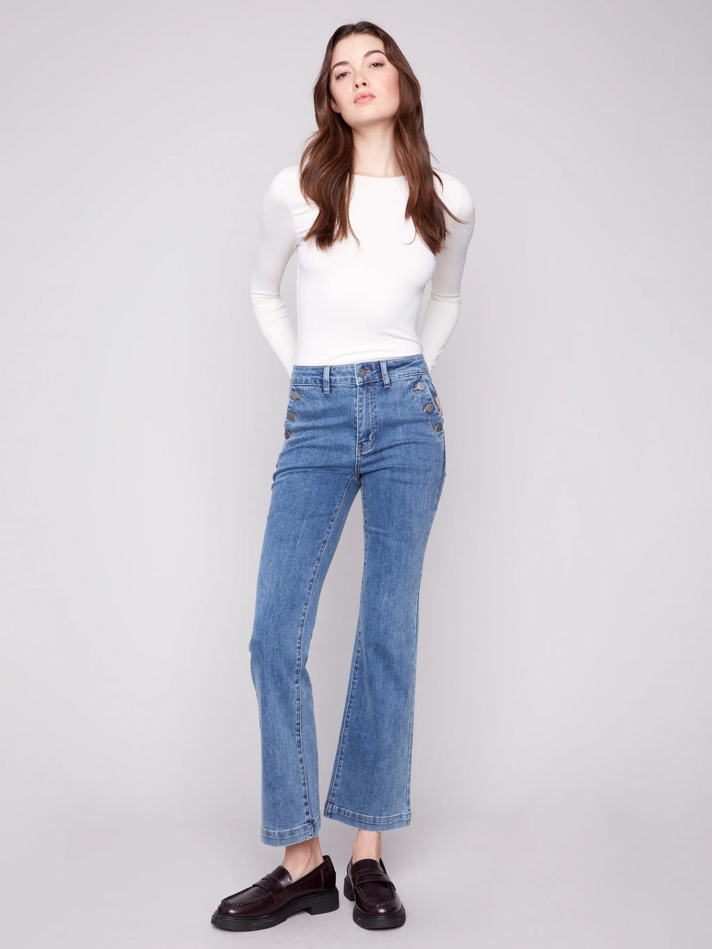 Flare Leg Stretch Jeans With Buttons - Medium Blue