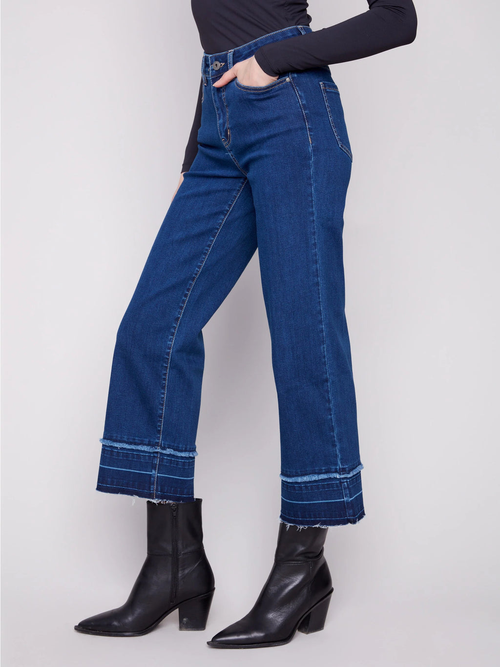 Flare Leg Jeans With Fringed Hem - Indigo