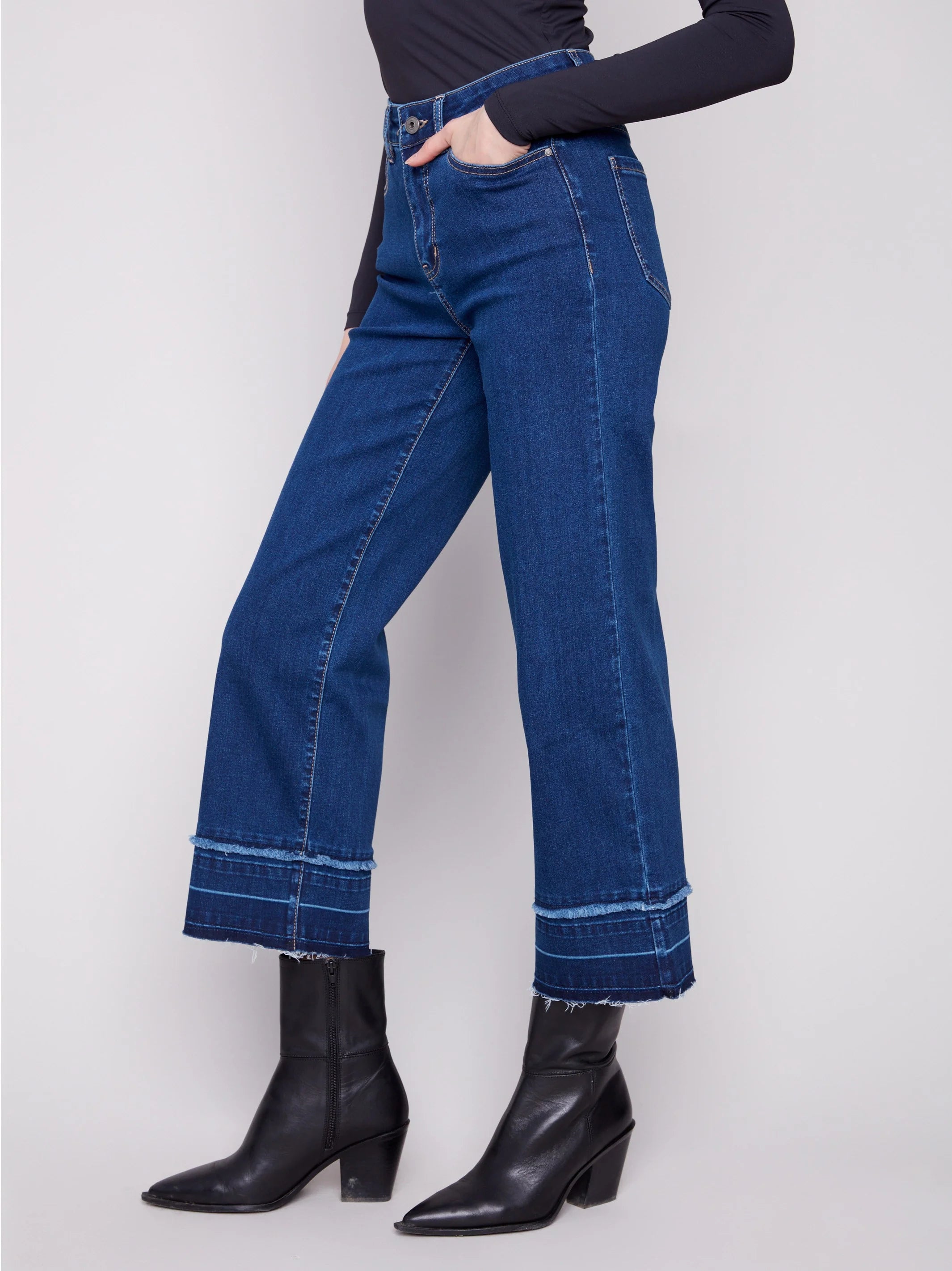Flare Leg Jeans With Fringed Hem - Indigo