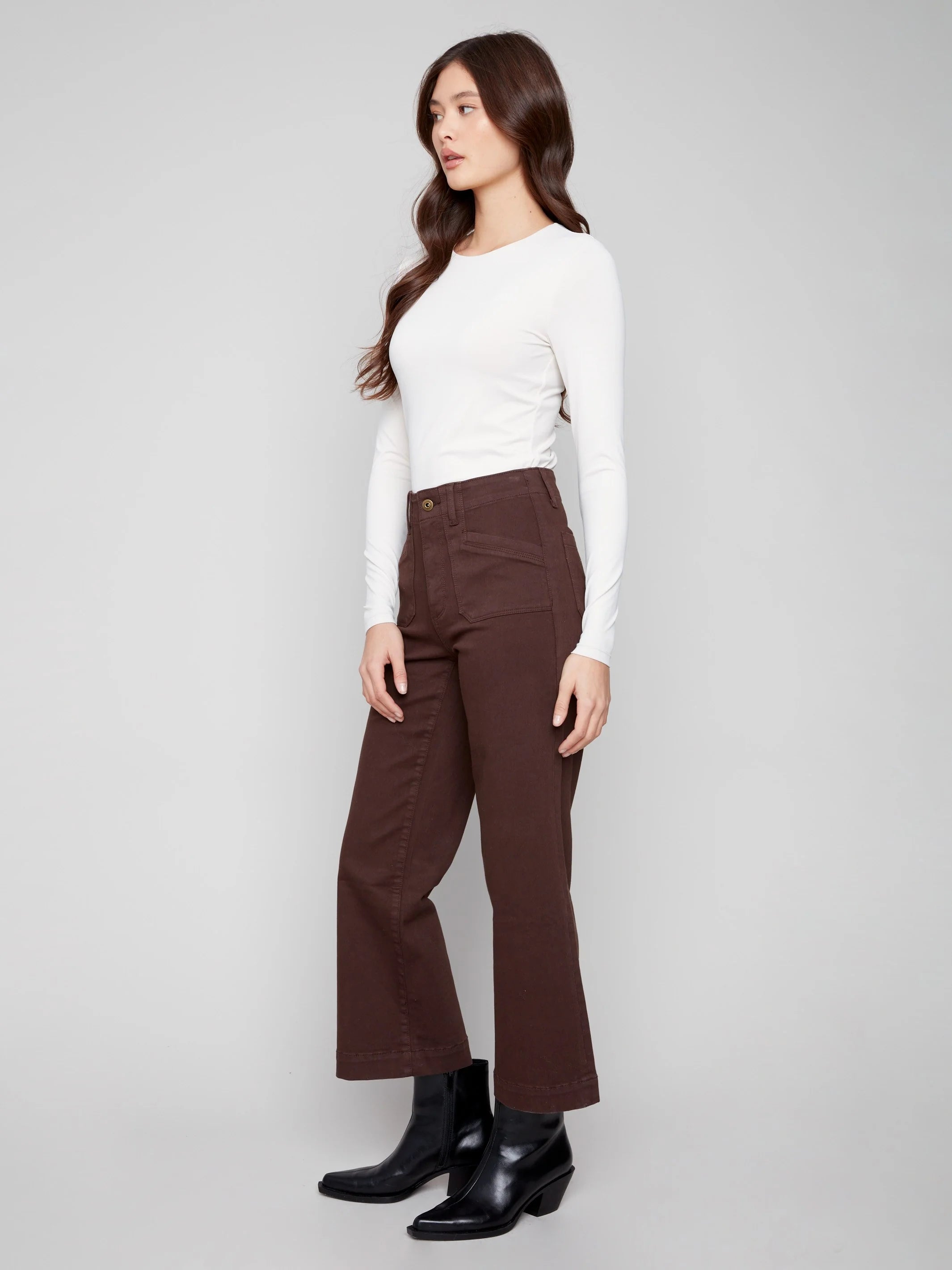 Cropped Wide Leg Stretch Twill Pants - Mocha